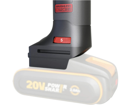 Detail van een gereedschap met een rode schakelaar en het cijfer 5.