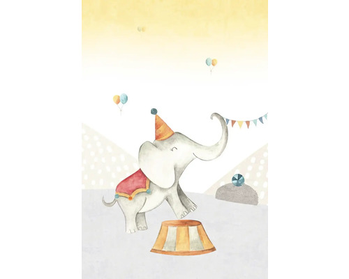 Illustratie van een circuselefant met hoed op een voetstuk