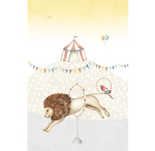 Illustratie van een circusscène met tent, leeuw, papegaai en ballonnen