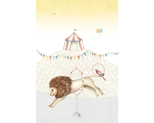 Illustratie van een circusscène met tent, leeuw, papegaai en ballonnen