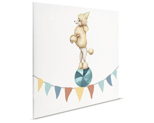 Canvas print met een poedel die balanceert op een bal in een circusscène
