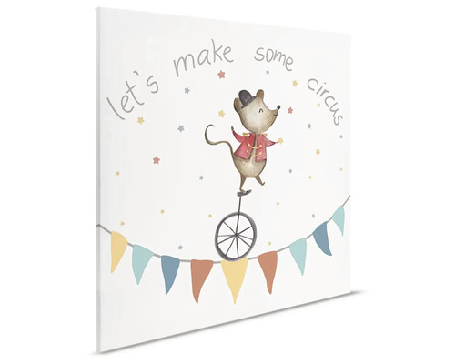 Decoratief canvas met een muis op een eenwieler en de tekst ''Laten we wat circus maken''