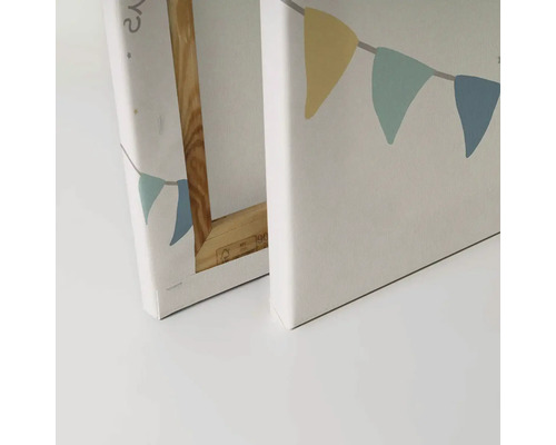 Close-up van twee canvas schilderijen met een wimpelmotief en houten frame