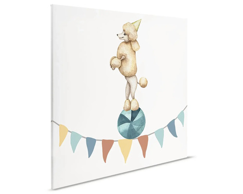 Canvas schilderij met een poedel met feesthoed op een bal en een slinger