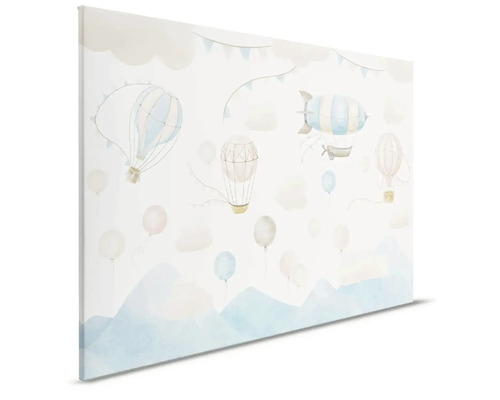 Canvasdruk met ballonnen, luchtschepen, wolken en bergen