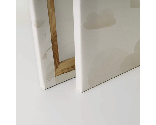 Detailopname van twee schilderijen op canvas met wolkenmotief en houten frame