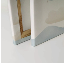 Gedetailleerde weergave van twee canvas schilderijen met abstract motief en houten frame