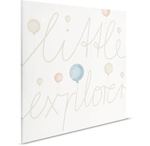 Decoratief canvas met de tekst Kleine ontdekkingsreiziger en ballonafbeeldingen.
