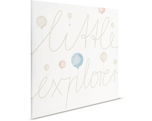 Decoratief canvas met de tekst Kleine ontdekkingsreiziger en ballonafbeeldingen.