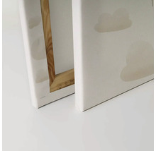 Achterkant van een canvas met houten frame en wolkenmotief