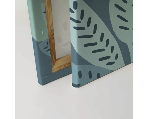 Close-up van canvas schilderij met botanisch motief en houten frame