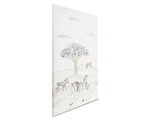 Canvas schilderij met zebra''s, boom en wolken