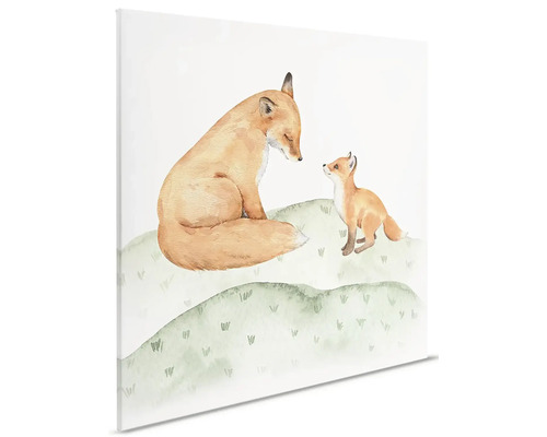 Canvas schilderij met moeder en jonge vos op heuvels