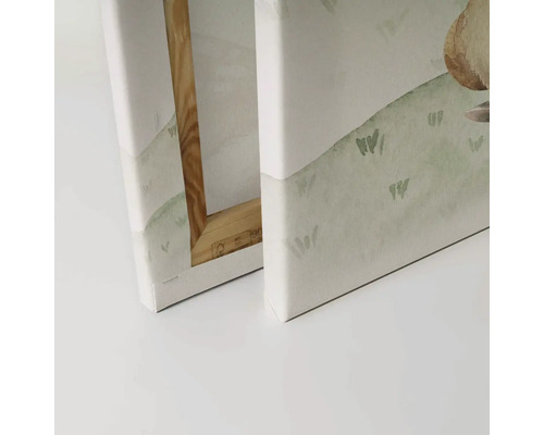 Detailaanzicht van twee canvas schilderijen met houten frame