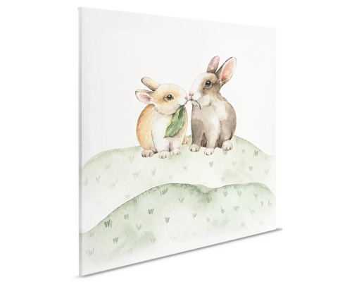 Canvas schilderij met aquareltekening van twee konijnen in een weide