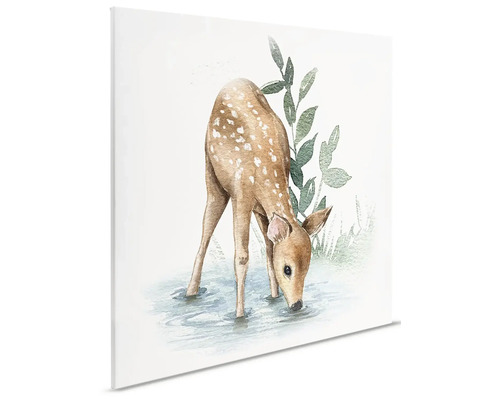 Canvas schilderij met aquareltekening van een ree die bij een beek drinkt