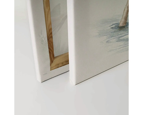 Gedetailleerde weergave van twee canvas schilderijen met houten frame