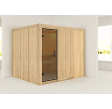 Houten sauna met glazen deur en banken