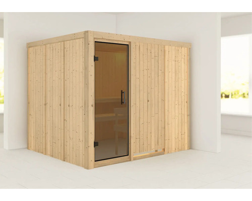 Houten sauna met glazen deur en banken