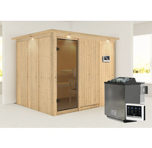 Houten sauna met glazen deur, saunakachel en bediening