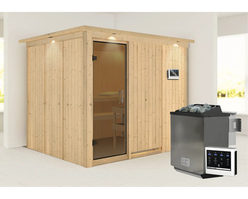 Houten sauna met glazen deur, saunakachel en bediening