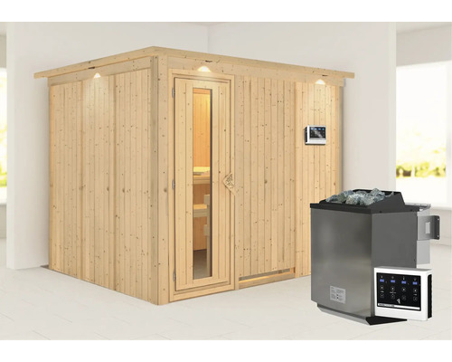 Houten sauna met kachel en bediening