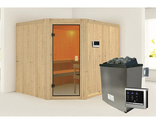 Houten hoeksauna met glazen deur en saunakachel met stenen