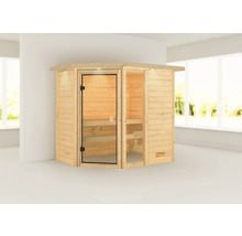 Houten sauna met glazen deur in een lichte ruimte