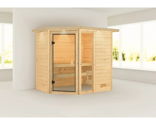 Houten sauna met glazen deur in een lichte ruimte