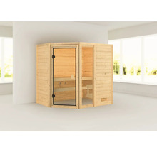 Houten sauna met glazen deur en banken