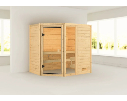 Houten sauna met glazen deur en banken