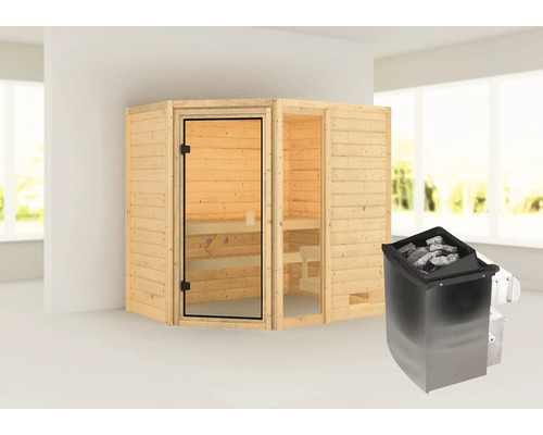 Sauna met saunaoven van hout en metaal