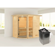 Houten sauna met glazen deur en saunakachel