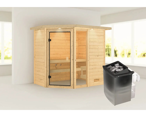 Houten sauna met glazen deur en saunakachel