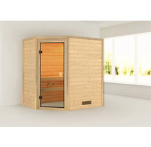 Houten sauna met glazen deur in een hoek