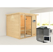 Houten sauna met glazen deur en saunakachel met stenen