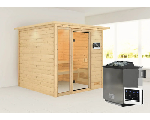 Houten sauna met glazen deur en saunakachel met stenen