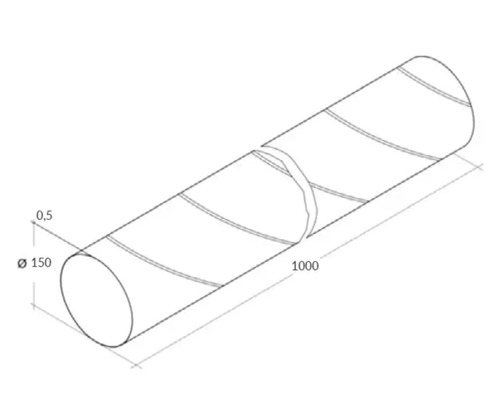 Schets van een staalbetonstaaf met een lengte van 1000 mm en een diameter van 150 mm