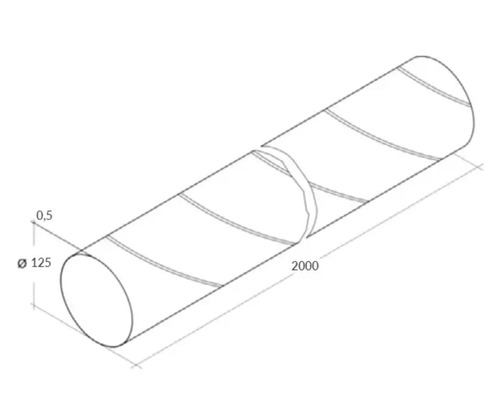 Illustratie van een betonstaaf met afmetingen 2000 millimeter lang en 125 millimeter diameter
