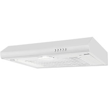 Witte afzuigkap met bedieningselementen en verlichting.