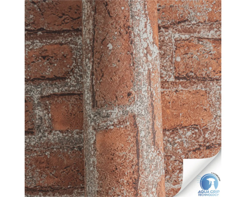 Behang met baksteenmotief en Aqua Grip technologie-symbool