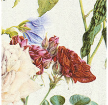 Detailweergave van een bloemmotief met rozen en bladeren.
