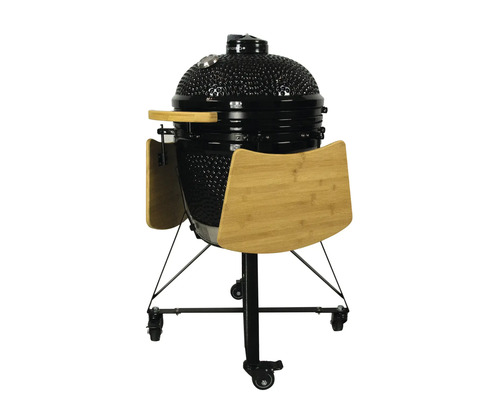 Zwarte keramische barbecue met bamboe bijzettafels en wielen