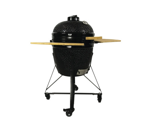 Zwarte keramische barbecue met zijplanken en wielen