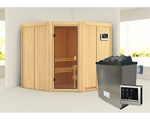 Hoeksauna met saunakachel en saunabesturing