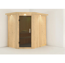 Houten sauna met glazen deur en verlichting