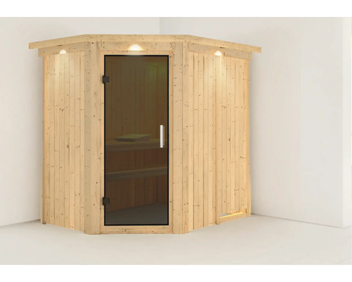 Houten sauna met glazen deur en verlichting