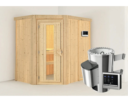 Houten hoeksauna met glazen deur en saunakachel