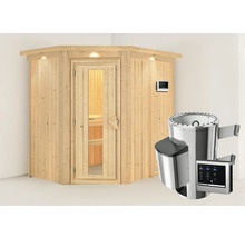 Houten sauna met glazen deur en saunaoven voor wandmontage.