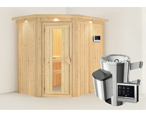 Houten sauna met glazen deur en saunaoven voor wandmontage.